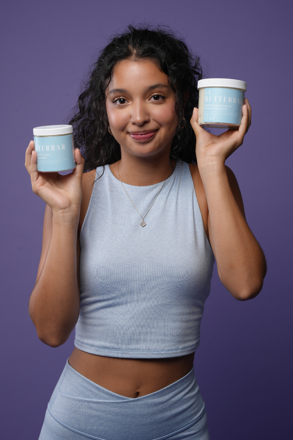 Whipped shea butter body butter for oily skin, with model.